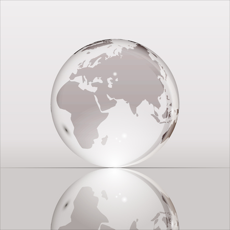 Gray shining transparent earth globe with Eurasia, Africa and Australia continents laying on glass surface and reflecting in it. Bright and shining design. Vector illustration.のイラスト素材