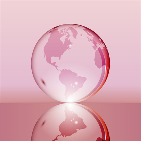Pink shining transparent earth globe with South and North America continents laying on glass surface and reflecting in it. Bright and shining design. Vector illustration.のイラスト素材