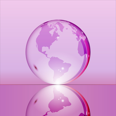 Purple shining transparent earth globe with South and North America continents laying on glass surface and reflecting in it. Bright and shining design. Vector illustration.のイラスト素材
