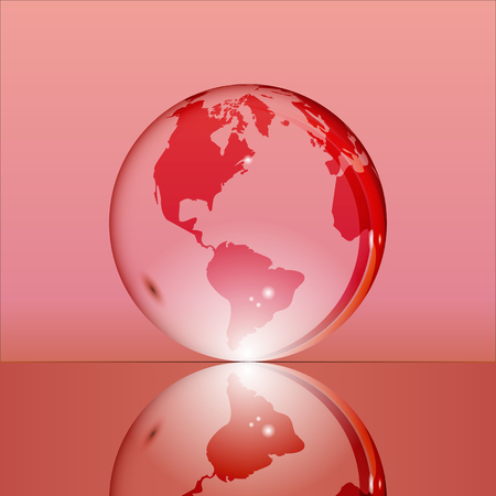 Red shining transparent earth globe with South and North America continents laying on glass surface and reflecting in it. Bright and shining design. Vector illustration.のイラスト素材