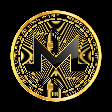 Crypto currency golden coin with black lackered monero symbol on obverse isolated on black background. Vector illustration. Use for logos, print products, page and web decor or other design.のイラスト素材