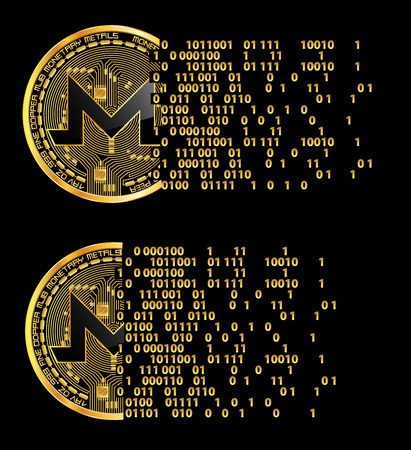 Set of crypto currency golden coins with black lackered monero symbol on obverse isolated on black background. Vector illustration. Use for logos, print products, page and web decor or other design.のイラスト素材