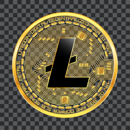 Crypto currency golden coin with black lackered litecoin symbol on obverse isolated on transparent background. Vector illustration. Use for logos, print products, web decor or other design.のイラスト素材
