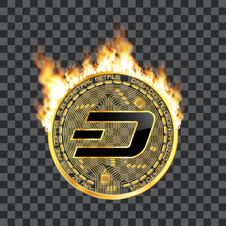 Crypto currency golden coin with black lackered dash symbol on obverse surrounded by realistic flame and isolated on transparent background.のイラスト素材