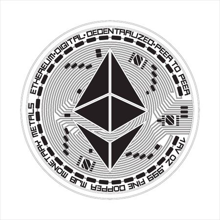Crypto currency black coin with black lacquered ethereum symbol on obverse isolated on white background.のイラスト素材