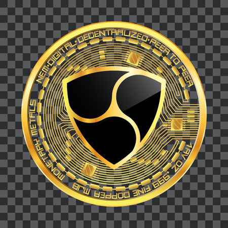 Crypto currency golden coin with black lackered nem symbol on obverse isolated on transparent background. Vector illustration. Use for logos, print products, web decor or other design.のイラスト素材