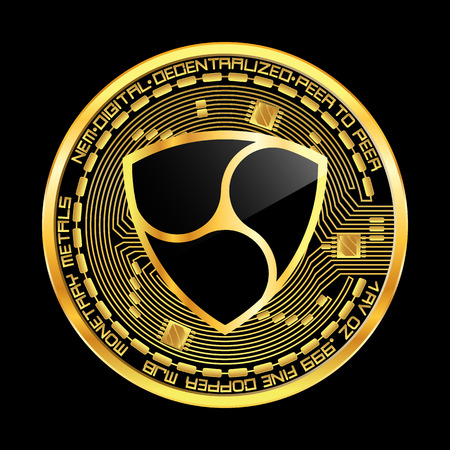 Crypto currency golden coin with black lackered nem symbol on obverse isolated on black background. Vector illustration. Use for logos, print products, page and web decor or other design.のイラスト素材