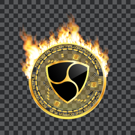 Crypto currency golden coin with black lackered nem symbol on obverse surrounded by realistic flame and isolated on transparent background. Vector illustration.のイラスト素材