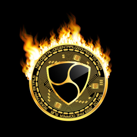 Crypto currency golden coin with black lackered nem symbol on obverse surrounded by realistic flame and isolated on black background. Vector illustration.のイラスト素材