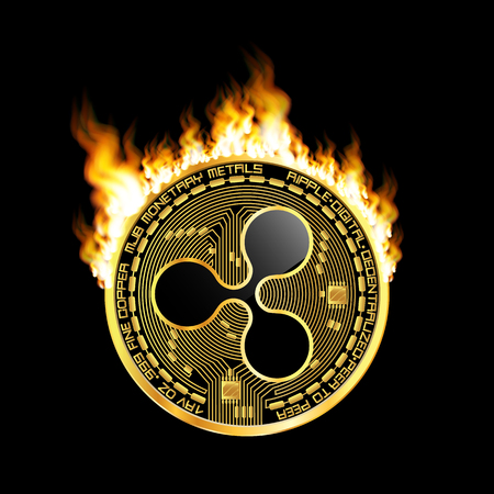 Crypto currency golden coin with black lackered ripple symbol on obverse surrounded by realistic flame and isolated on black background. Vector illustration.のイラスト素材