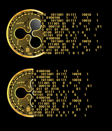 Set of crypto currency golden coins with black lackered ripple symbol on obverse isolated on black background. Vector illustration. Use for logos, print products, page and web decor or other design.のイラスト素材