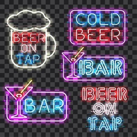 Set of glowing bar neon signs isolated on transparent background. Shining and glowing neon effect. Every sign is separate unit with wires, tubes, brackets and holders.のイラスト素材