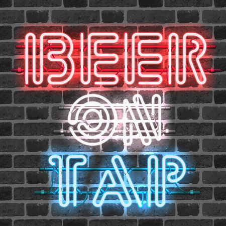 Glowing neon bar sign BEER ON TAP on brick wall background. Shining and glowing neon effect. All elements are separate units with wires, tubes, brackets and holders.のイラスト素材