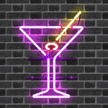 Glowing neon bar sign with martini glass, olive and stick on brick wall background. Shining and glowing neon effect. All elements are separate units with wires, tubes, brackets and holders.のイラスト素材