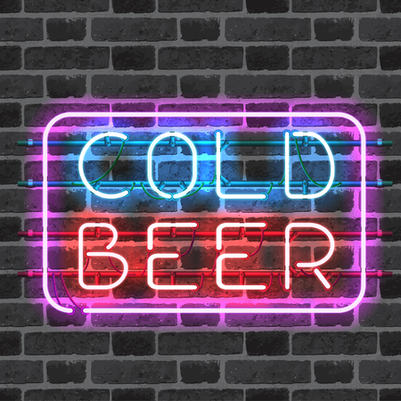 Glowing neon bar sign COLD BEER isolated on brick wall background. Shining and glowing neon effect. All elements are separate units with wires, tubes, brackets and holders.のイラスト素材