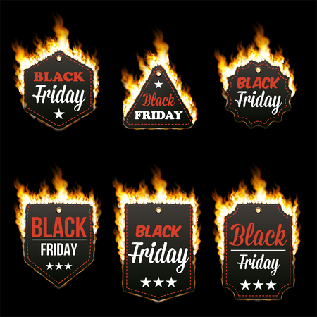 Set of six hot Black Friday tags of different shapes surrounded with realistic flame isolated on black background. Burning fire light. Bonfire elements. Gradient mesh vector for your designのイラスト素材