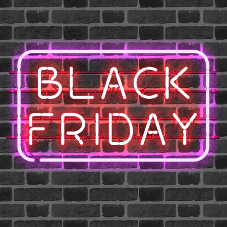 BLACK FRIDAY neon sign in frame isolated on brick wall.のイラスト素材
