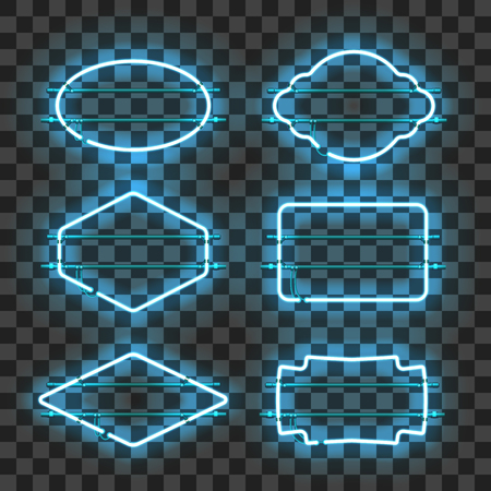 Set of realistic glowing blue neon frames isolated on transparent background. Shining and glowing neon effect. Every frame is separate unit with wires, tubes and holders. Vector illustration.のイラスト素材