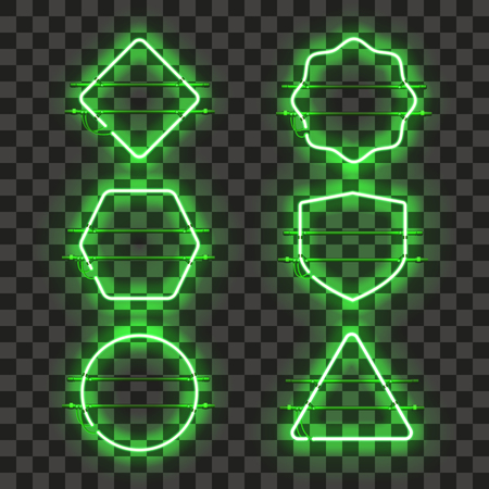 Set of realistic glowing green neon frames isolated on transparent background. Shining and glowing neon effect. Every frame is separate unit with wires, tubes and holders. Vector illustration.のイラスト素材