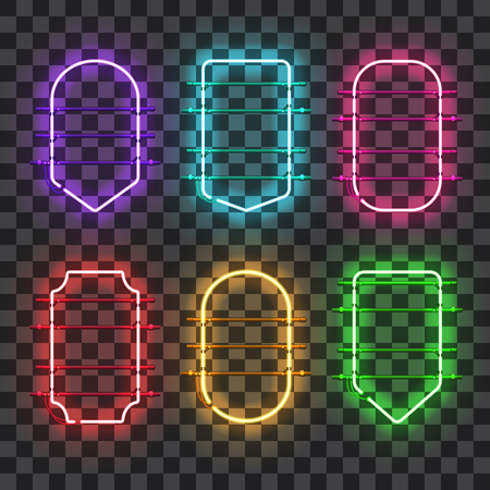 Set of realistic glowing neon frames of different colors isolated on transparent background. Shining and glowing neon effect. Every frame is separate unit with wires and tubes. Vector illustration.のイラスト素材