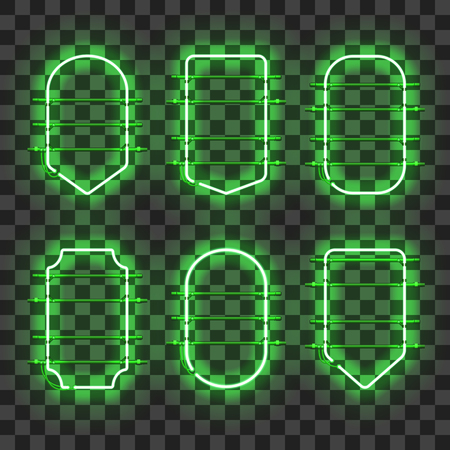 Set of realistic glowing green neon frames isolated on transparent background. Shining and glowing neon effect. Every frame is separate unit with wires, tubes and holders. Vector illustration.のイラスト素材