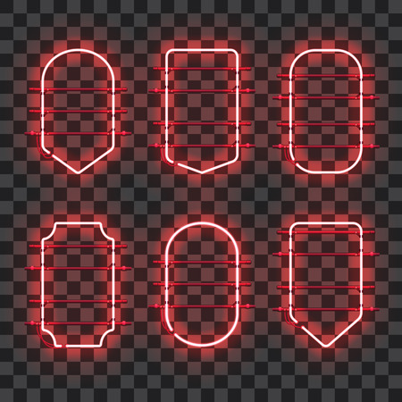 Set of realistic glowing red neon frames isolated on transparent background. Shining and glowing neon effect. Every frame is separate unit with wires, tubes and holders. Vector illustration.のイラスト素材