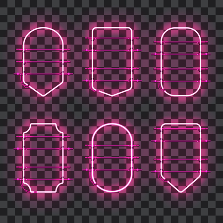 Set of realistic glowing purple neon frames isolated on transparent background. Shining and glowing neon effect. Every frame is separate unit with wires, tubes and holders. Vector illustration.のイラスト素材