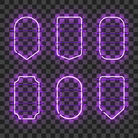 Set of realistic glowing purple neon frames isolated on transparent background. Shining and glowing neon effect. Every frame is separate unit with wires, tubes and holders. Vector illustration.のイラスト素材