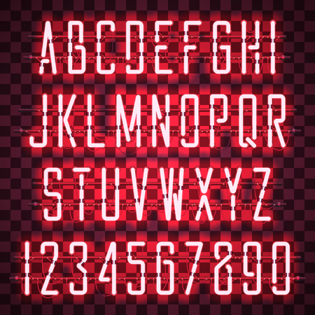 Glowing Red Neon Casual Script Font with uppercase letters from A to Z and digits from 0 to 9 with wires, tubes, brackets and holders. Shining and glowing neon effect. Vector illustration.のイラスト素材