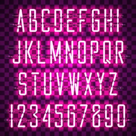 Glowing purple neon casual script font with uppercase letters from A to Z and digits from 0 to 9 with wires.のイラスト素材