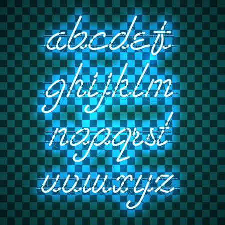 Glowing Blue Neon Script Font with lowercase letters from A to Z with wires, tubes, brackets and holders. Shining and glowing neon effect. Vector illustration.のイラスト素材