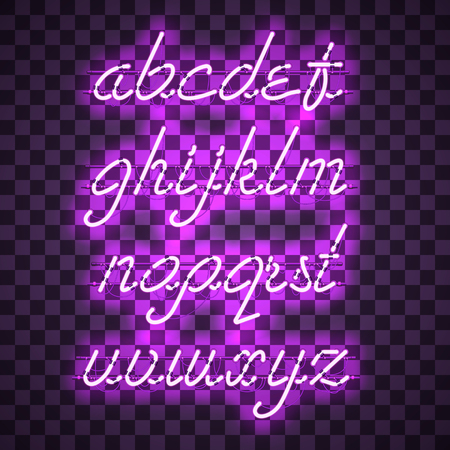 Glowing Purple Neon Script Font with lowercase letters from A to Z with wires, tubes, brackets and holders. Shining and glowing neon effect. Vector illustration.のイラスト素材