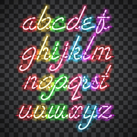 Glowing Multi Colors Neon Script Font with lowercase letters from A to Z with wires, tubes, brackets and holders. Shining and glowing neon effect. Vector illustration.のイラスト素材