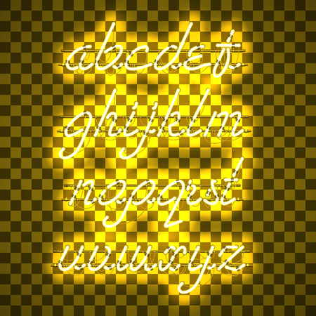 Glowing Yellow Neon Script Font with lowercase letters from A to Z with wires, tubes, brackets and holders. Shining and glowing neon effect. Vector illustration.のイラスト素材