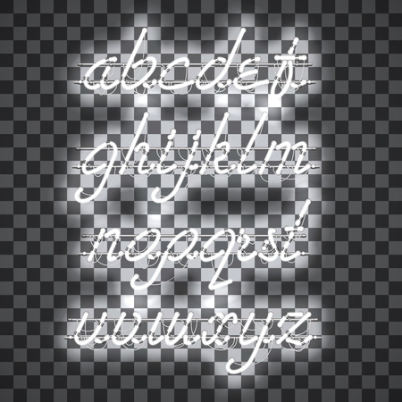 Glowing White Neon Script Font with lowercase letters from A to Z with wires, tubes, brackets and holders. Shining and glowing neon effect. Vector illustration.のイラスト素材