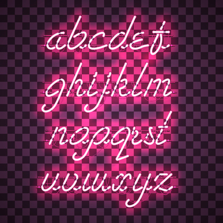 Glowing Purple Neon Script Font with lowercase letters from A to Z with wires, tubes, brackets and holders. Shining and glowing neon effect. Vector illustration.のイラスト素材