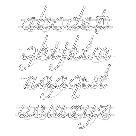 White Neon Script Font with lowercase letters from A to Z with wires, tubes, brackets and holders black strokes isolated on white background. Vector illustration.のイラスト素材
