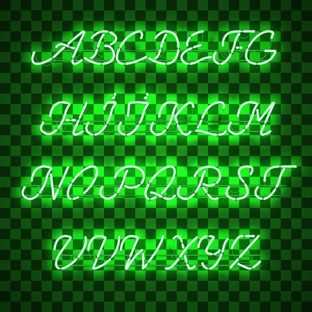 Glowing Green Neon Script Font with uppercase letters from A to Z with wires, tubes, brackets and holders. Shining and glowing neon effect. Vector illustration.のイラスト素材