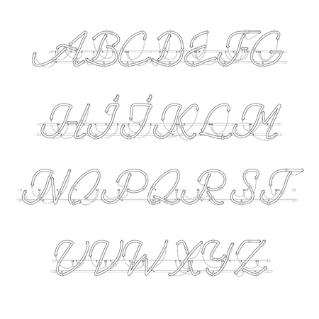 White Neon Script Font with uppercase letters from A to Z with wires, tubes, brackets and holders black strokes isolated on white background. Vector illustration.のイラスト素材