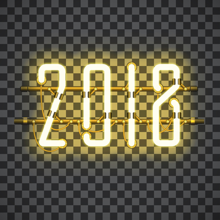 Glowing Yellow Neon sign 2018 on transparent background with wires, tubes, brackets and holders. Vector element for New Year card, logo or other design. Shining and glowing effect. Vector.のイラスト素材