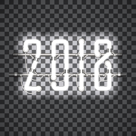 Glowing White Neon sign 2018 on transparent background with wires, tubes, brackets and holders. Vector element for New Year card, logo or other design. Shining and glowing effect. Vector illustration.のイラスト素材