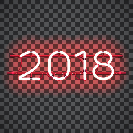 Glowing Red Neon sign 2018 on transparent background with wires, tubes, brackets and holders. Vector element for New Year card, logo or other design. Shining and glowing effect. Vector illustration.のイラスト素材