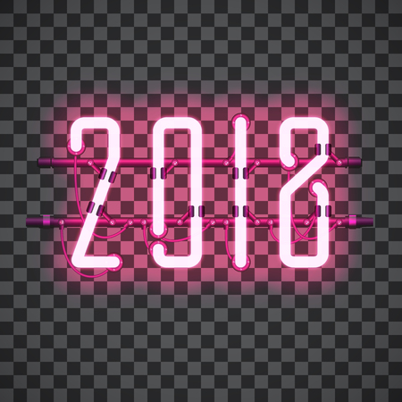 Glowing Red Neon sign 2018 on transparent background with wires, tubes, brackets and holders. Vector element for New Year card, logo or other design. Shining and glowing effect. Vector illustration.のイラスト素材