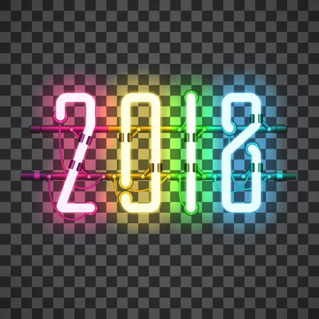 Glowing Multi Color Neon sign 2018 on transparent background with wires, tubes, brackets and holders. Vector element for New Year card, logo or other design. Shining and glowing effect. Vector