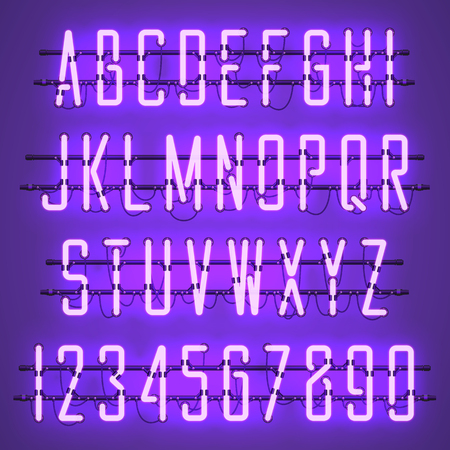 Glowing purple neon casual script Font with uppercase letters from A to Z and digits from 0 to 9 with wires.のイラスト素材
