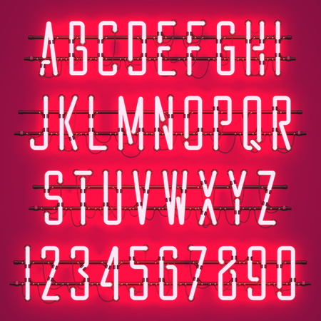 Glowing Red Neon Casual Script Font with uppercase letters from A to Z and digits from 0 to 9 with wires, tubes, brackets and holders. Shining and glowing neon effect Vector illustration.のイラスト素材
