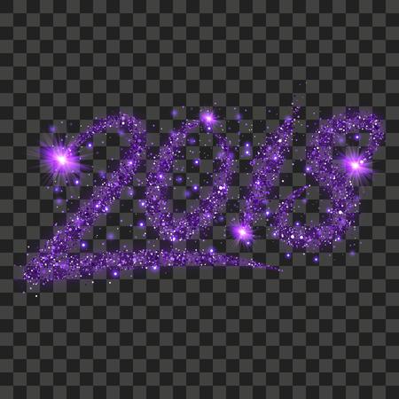 Purple particles wave in form of 2018 digits with bright shining and glowing particles isolated on transparent background. Glitter bright trail, glowing wave vector illustration.のイラスト素材