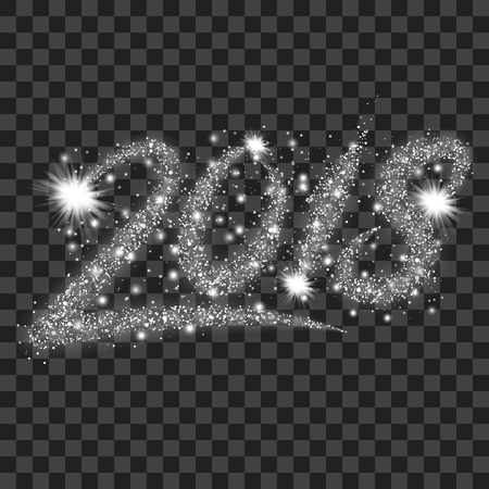 Silver particles wave in form of 2018 digits with bright shining and glowind particles isolated on transparent background. Glitter bright trail, glowing wave vector illustrationのイラスト素材