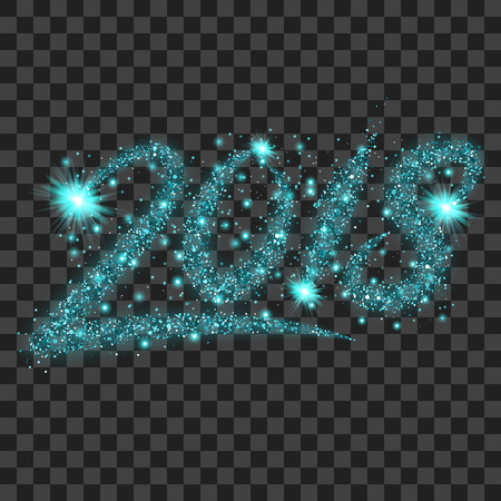 Blue particles wave in form of 2018 digits with bright shining and glowing particles isolated on transparent background. Glitter bright trail, glowing wave vector illustration.のイラスト素材