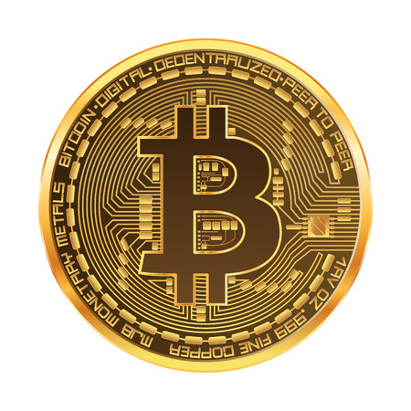 Crypto currency golden coin with golden bitcoin symbol on obverse isolated on white background. Vector illustration.のイラスト素材